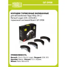 Колодки тормозные барабанные для автомобилей Лада XRay (15-) / Renault Logan (04-) 203х38 с тормозной системой Bosch GF 0958 TRIALLI