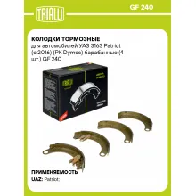 Колодки тормозные для автомобилей УАЗ 3163 Patriot (с 2016) (РК Dymos) барабанные (4 шт.) GF 240 TRIALLI