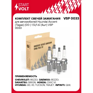 Комплект свечей зажигания VSP 1404 для автомобилей Hyundai Accent (Tagaz) (00 ) 1.5i/1.6i (4шт) STARTVOLT VSP 0033