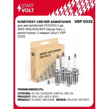 Комплект свечей зажигания для автомобилей ГАЗ/УАЗ с дв. ЗМЗ-405/406/409 (зазор 1мм, с резистором, с медью) (4шт) VSP 0032 StartVolt