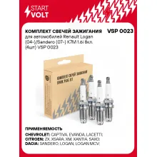 Комплект свечей зажигания для автомобилей Renault Logan (04-)/Sandero (07-) K7M 1.6i 8кл. (4шт) VSP 0023 StartVolt