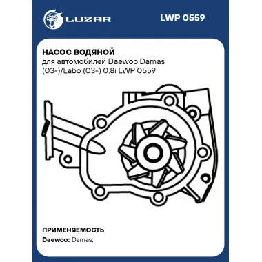 Насос водяной для автомобилей Daewoo Damas (03-)/Labo (03-) 0.8i LWP 0559 LUZAR