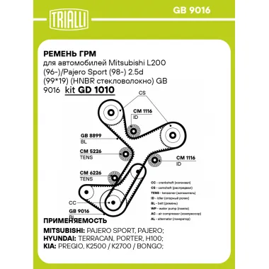 Ремень ГРМ для автомобилей Mitsubishi L200 (96-)/Pajero Sport (98-) 2.5d (99*19) (HNBR стекловолокно) GB 9016 TRIALLI