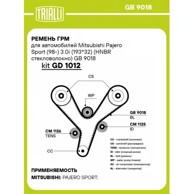 Ремень ГРМ для автомобилей Mitsubishi Pajero Sport (98-) 3.0i (193*32) (HNBR стекловолокно) GB 9018 TRIALLI