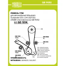 Ремень ГРМ для автомобилей Mitsubishi Outlander (03-) 2.4i (122*20) (HNBR стекловолокно) GB 9052 TRIALLI