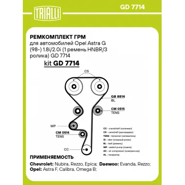 Ремкомплект ГРМ для автомобилей Opel Astra G (98-) 1.8i/2.0i (1 ремень HNBR/3 ролика) GD 7714 TRIALLI