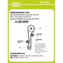 Ремкомплект ГРМ для автомобилей Hyundai Accent (99-) 1.4i/1.5i/1.6i DOHC (1 ремень HNBR/2 ролика) GD 0900 TRIALLI