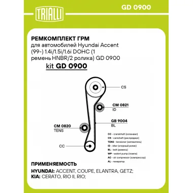 Ремкомплект ГРМ для автомобилей Hyundai Accent (99-) 1.4i/1.5i/1.6i DOHC (1 ремень HNBR/2 ролика) GD 0900 TRIALLI