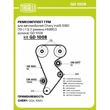 Ремкомплект ГРМ для автомобилей Chery IndiS S18D (10-) 1.3i (1 ремень HNBR/2 ролика) GD 1008 TRIALLI