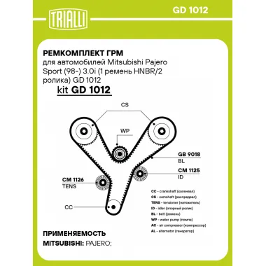Ремкомплект ГРМ для автомобилей Mitsubishi Pajero Sport (98-) 3.0i (1 ремень HNBR/2 ролика) GD 1012 TRIALLI
