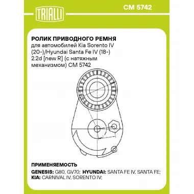 Ролик приводного ремня для автомобилей Kia Sorento IV (20-)/Hyundai Santa Fe IV (18-) 2.2d [new R] (с натяжным механизмом) CM 5742 TRIALLI