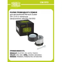 Ролик приводного ремня для автомобилей Renault Duster (10-) 2.0i (с натяжным механизмом) (65x30) CM 5113 TRIALLI Ролик приводного ремня для автомобилей Renault Duster (10-) 2.0i (с натяжным механизмом) (65x30) CM 5113 TRIALLI