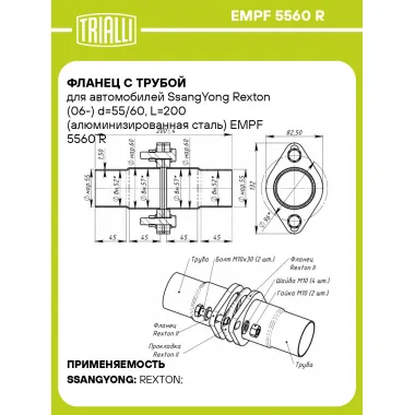 Фланец с трубой для автомобилей SsangYong Rexton (06-) d=55/60, L=200 (алюминизированная сталь) EMPF 5560 R TRIALLI