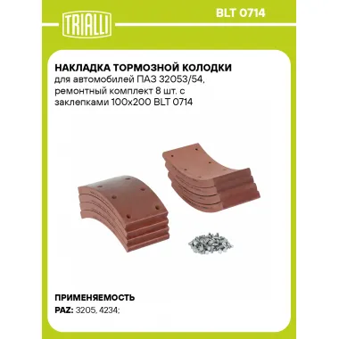Накладка тормозной колодки для автомобилей ПАЗ 32053/54, ремонтный комплект 8 шт. с заклепками 100х200 BLT 0714 TRIALLI