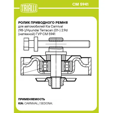 Ролик приводного ремня для автомобилей Kia Carnival (98-)/Hyundai Terracan (01-) 2.9d (натяжной) ГУР CM 5941 TRIALLI