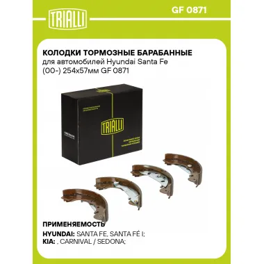 Колодки тормозные барабанные для автомобилей Hyundai Santa Fe (00-) 254x57мм GF 0871 TRIALLI