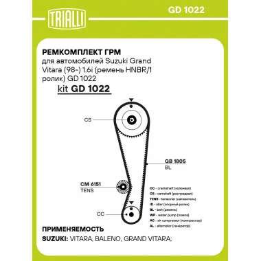 Ремкомплект ГРМ для автомобилей Suzuki Grand Vitara (98-) 1.6i (ремень HNBR/1 ролик) GD 1022 TRIALLI