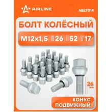 Болт колесный M12x1,5x26x52, конус подвижный, ключ 17, дакромет для а/м Renault/Dacia ABLT014 AIRLINE Болт колесный M12x1,5x26x52, конус подвижный, ключ 17, дакромет для а/м Renault/Dacia ABLT014 AIRLINE