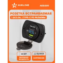 Розетка с USB и Type-c PD и вольтметр 12/24 В влагозащищенная встраиваемая, 2 порта AIRLINE AEBJ200
