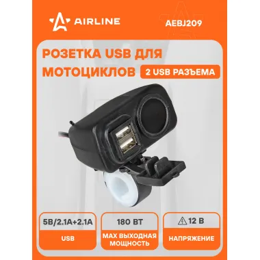 Розетка с USB с вольтметром и термометром 12 В встраиваемая, 2 порта USB AIRLINE AEBJ209