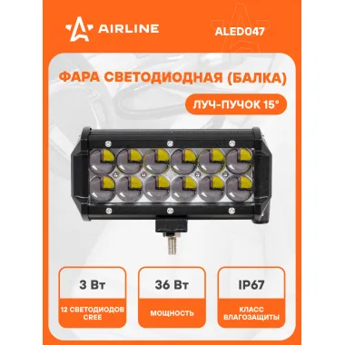 Балка светодиодная на автомобиль двухрядная, 12 LED 4D линза, 165х78х65 мм 36 Вт 12/24 В AIRLINE ALED047