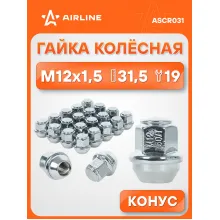 Гайка колесная M12x1,5x31,5, конус, ключ 19, закрытая, хром для а/м Ford ASCR031 AIRLINE Гайка колесная M12x1,5x31,5, конус, ключ 19, закрытая, хром для а/м Ford ASCR031 AIRLINE