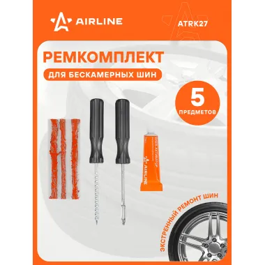 AIRLINE Ремкомплект для ремонта бескамерных шин (клей, шило для жгута, шило спиральное, жгуты 3 шт) / набор для